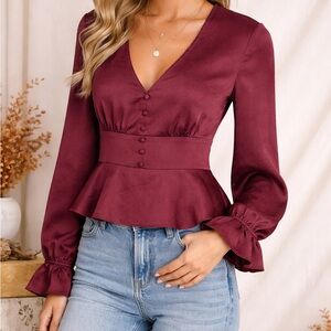 Express Maroon V-Neck Peplum Blouse